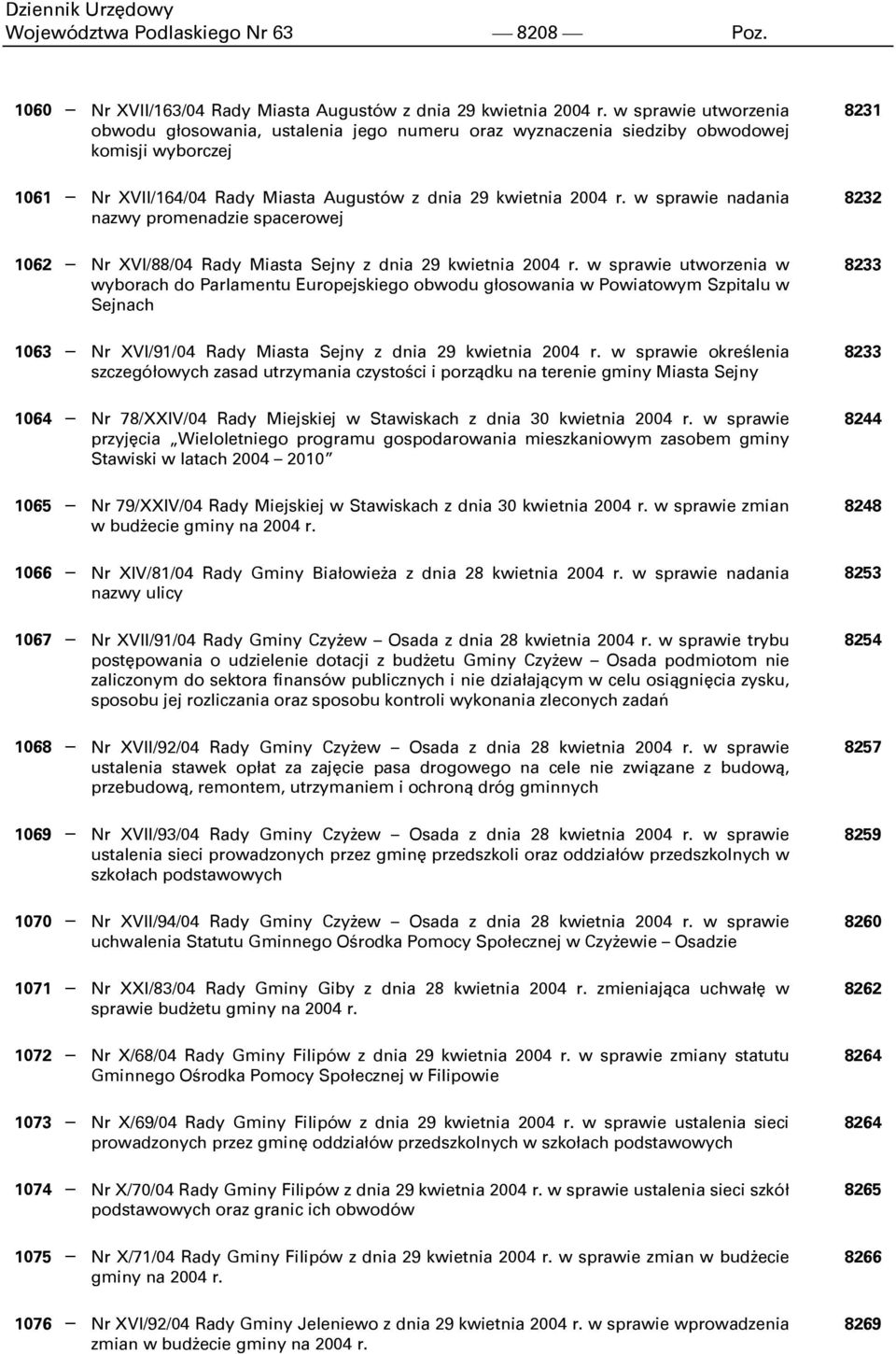 w sprawie nadania nazwy promenadzie spacerowej 1062 Nr XVI/88/04 Rady Miasta Sejny z dnia 29 kwietnia 2004 r.