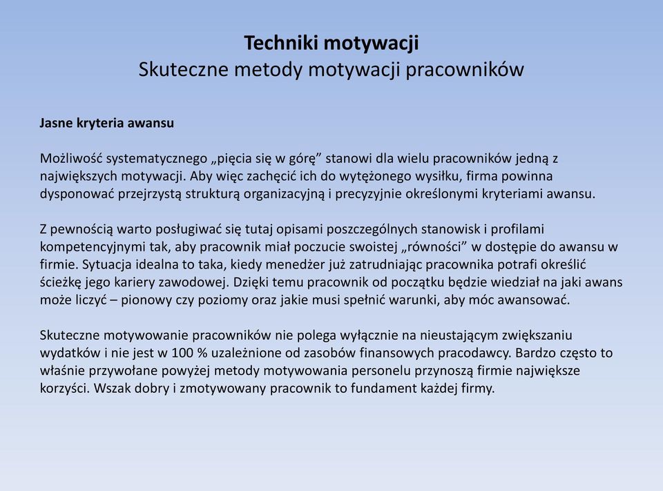 Z pewnością warto posługiwać się tutaj opisami poszczególnych stanowisk i profilami kompetencyjnymi tak, aby pracownik miał poczucie swoistej równości w dostępie do awansu w firmie.