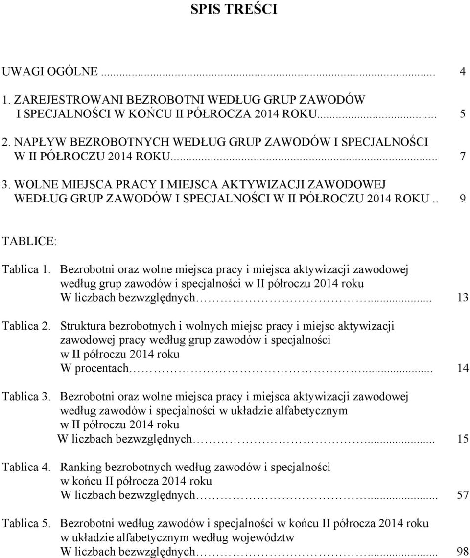 Bezrobotni oraz wolne miejsca pracy i miejsca aktywizacji zawodowej według grup zawodów i specjalności w II półroczu 2014 roku W liczbach bezwzględnych... Tablica 2.