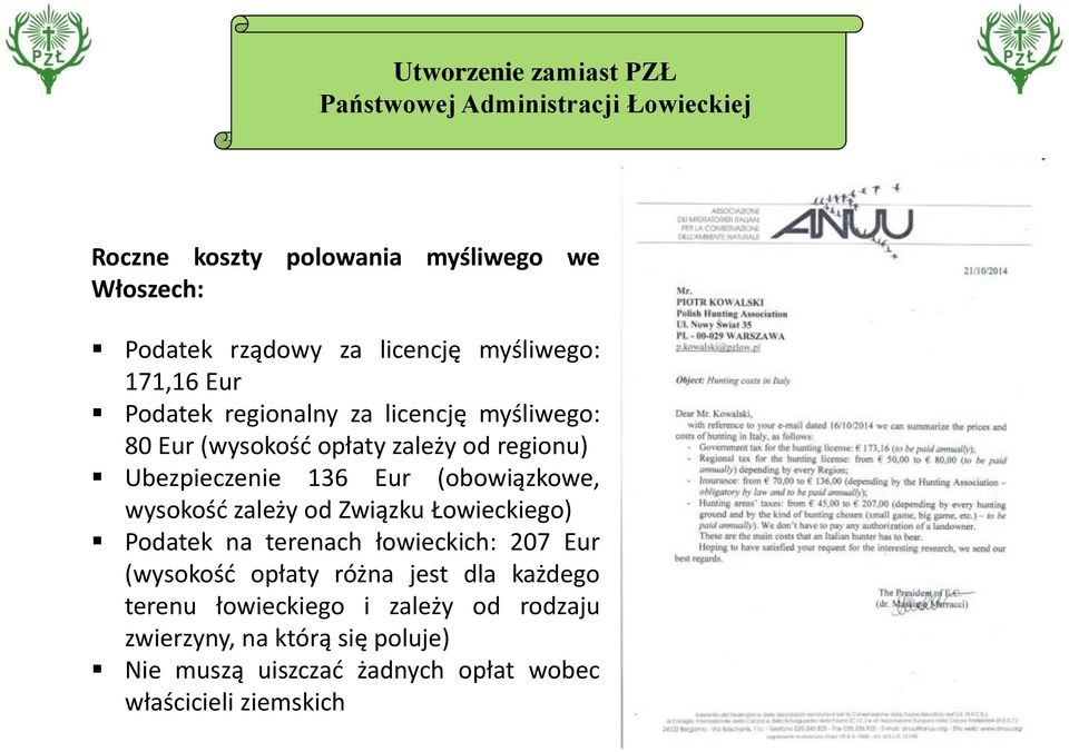 136 Eur (obowiązkowe, wysokość zależy od Związku Łowieckiego) Podatek na terenach łowieckich: 207 Eur (wysokość opłaty różna jest