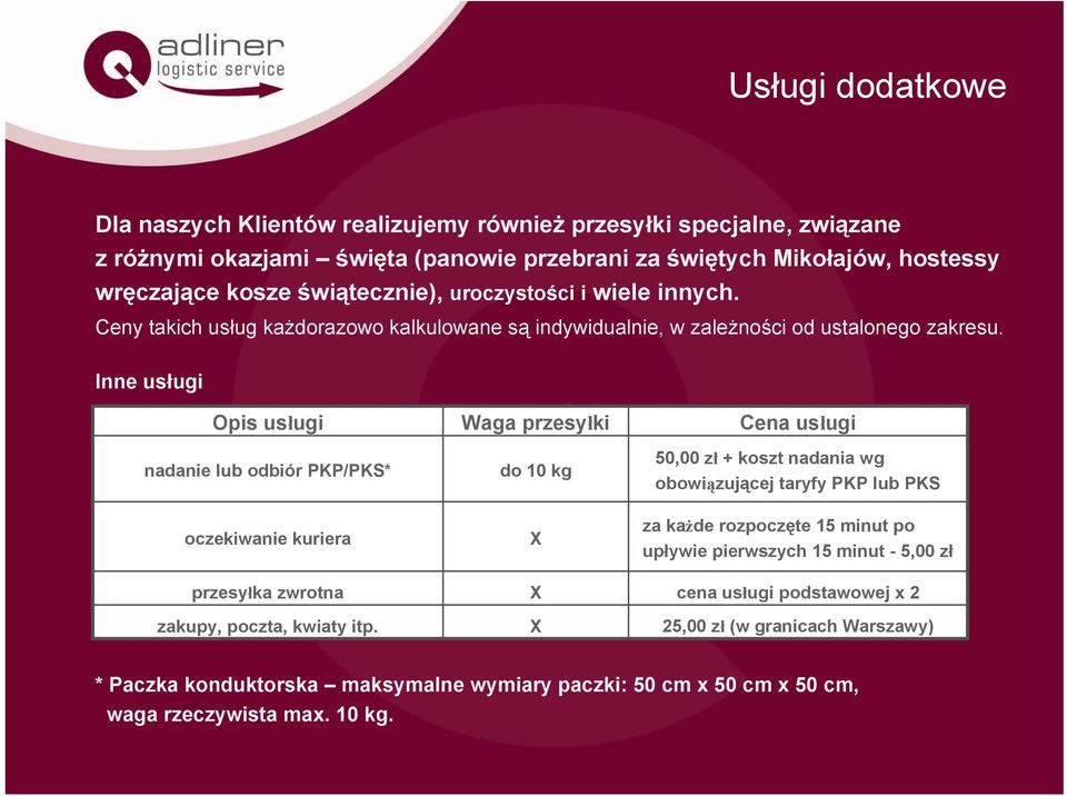 Inne usługi Opis usługi Waga przesyłki Cena usługi nadanie lub odbiór PKP/PKS* oczekiwanie kuriera do 10 kg X 50,00 zł + koszt nadania wg obowiązującej taryfy PKP lub PKS za każde rozpoczęte