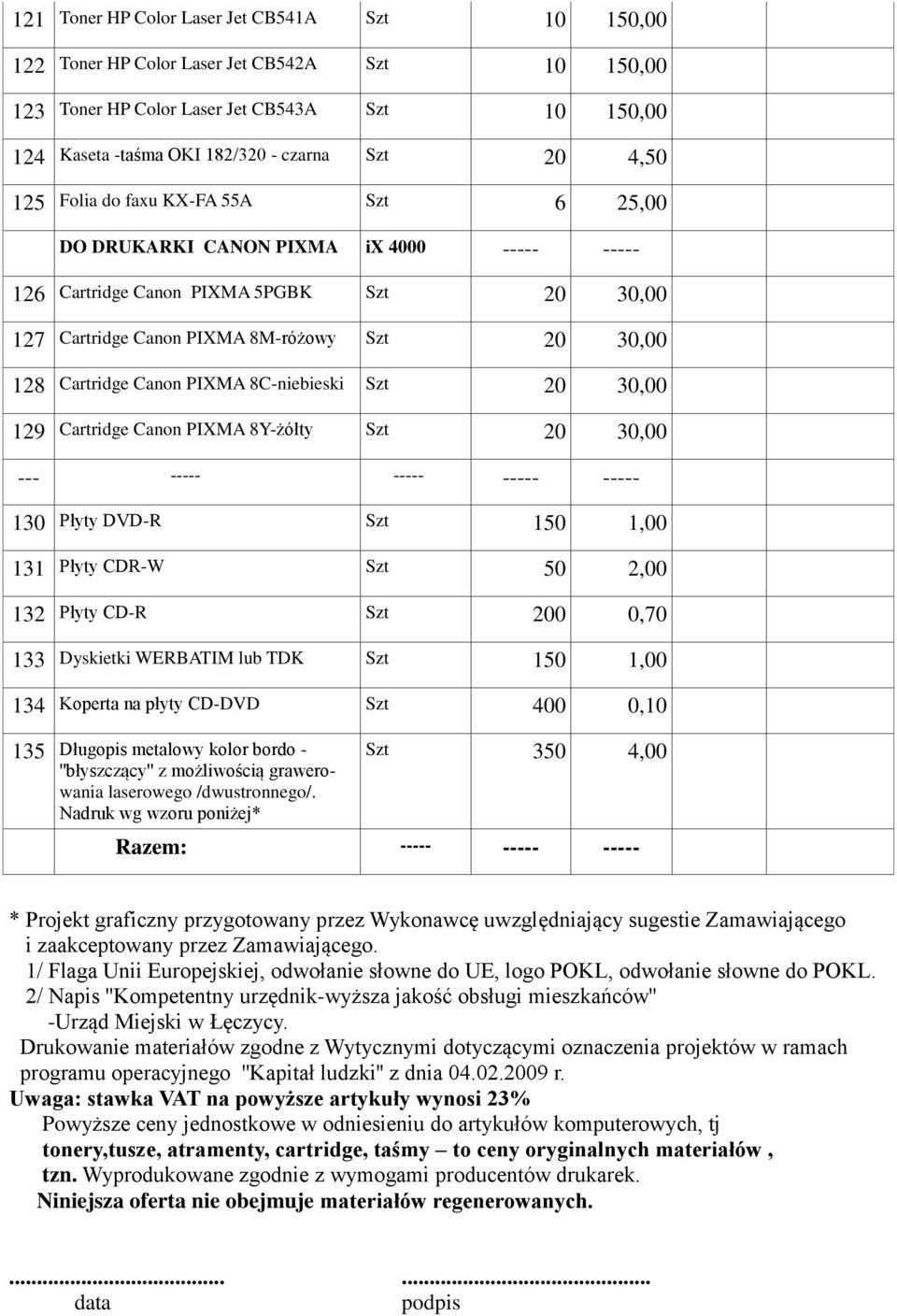 Canon PIXMA 8C-niebieski Szt 20 30,00 129 Cartridge Canon PIXMA 8Y-żółty Szt 20 30,00 --- ----- ----- ----- ----- 130 Płyty DVD-R Szt 150 1,00 131 Płyty CDR-W Szt 50 2,00 132 Płyty CD-R Szt 200 0,70