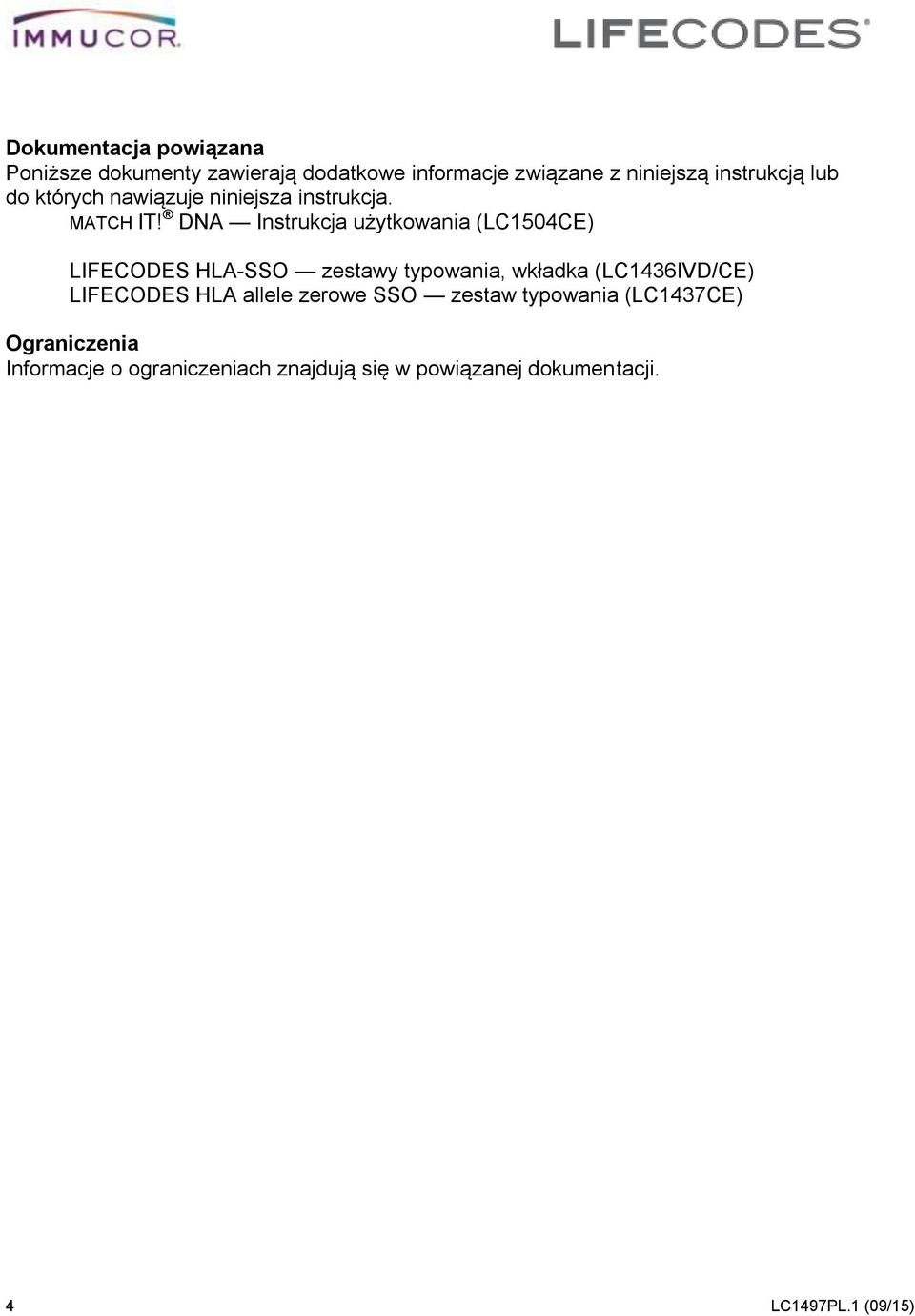 DNA Instrukcja użytkowania (LC1504CE) LIFECODES HLA-SSO zestawy typowania, wkładka (LC1436IVD/CE)