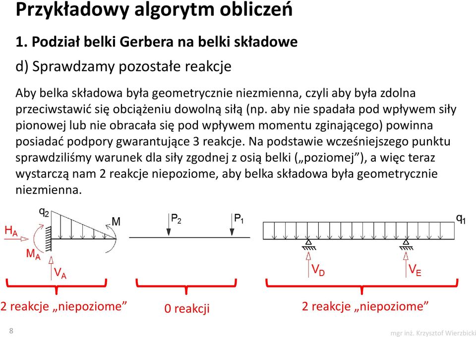 aby nie spadała pod wpływem siły pionowej lub nie obracała się pod wpływem momentu zginającego) powinna posiadać podpory gwarantujące 3 reakcje.