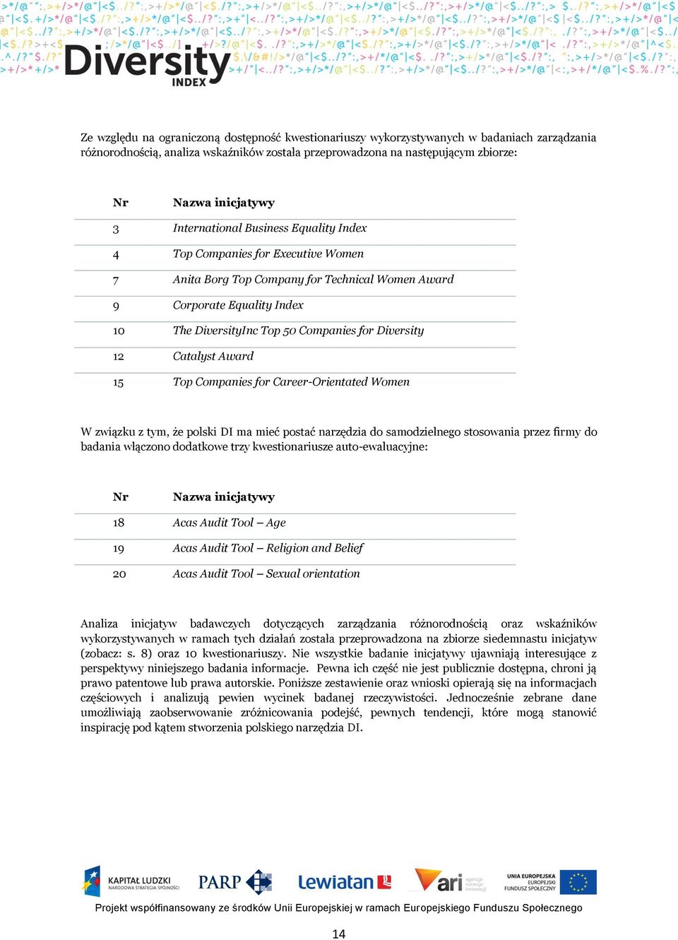 Diversity 12 Catalyst Award 15 Top Companies for Career-Orientated Women W związku z tym, że polski DI ma mieć postać narzędzia do samodzielnego stosowania przez firmy do badania włączono dodatkowe