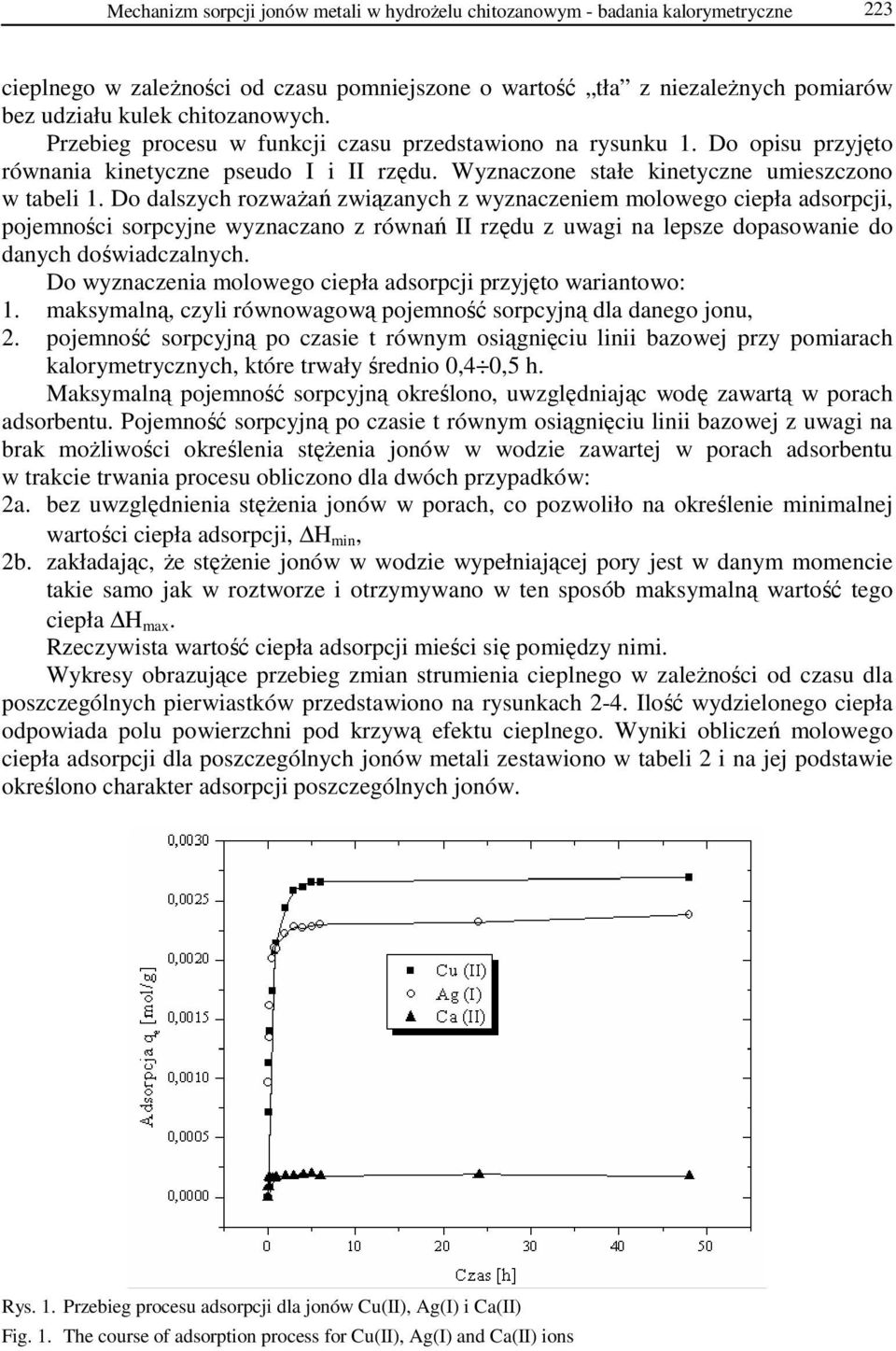 Do dalszych rozwaŝań związanych z wyznaczeniem molowego ciepła adsorpcji, pojemności sorpcyjne wyznaczano z równań II rzędu z uwagi na lepsze dopasowanie do danych doświadczalnych.