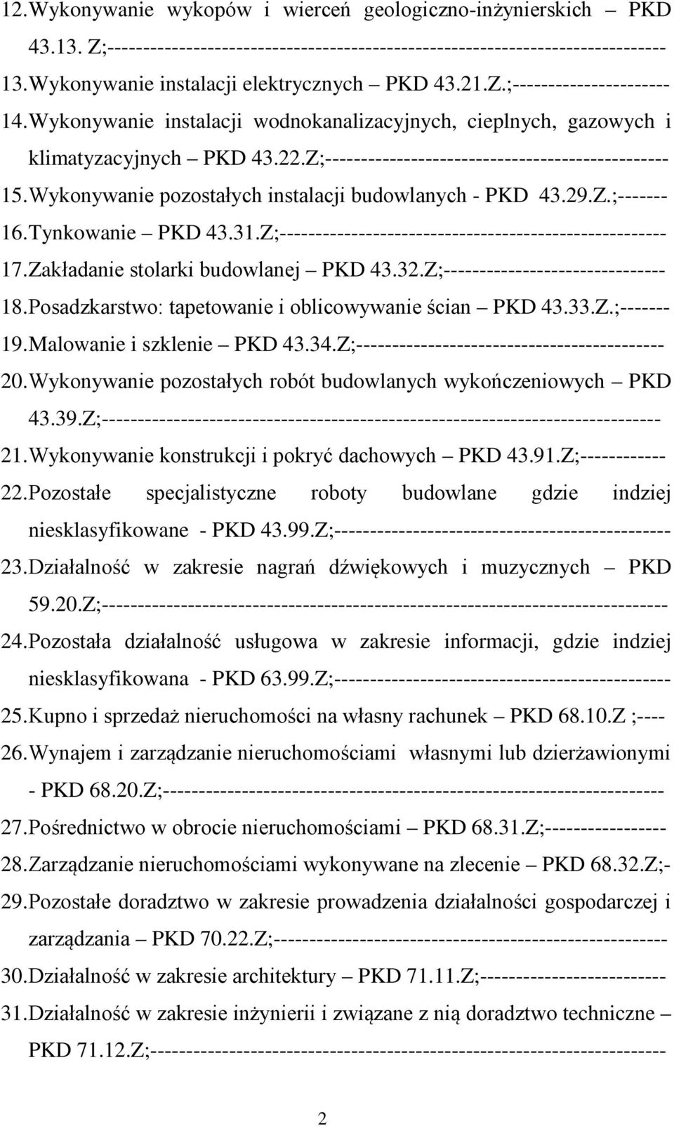 Wykonywanie pozostałych instalacji budowlanych - PKD 43.29.Z.;------- 16. Tynkowanie PKD 43.31.Z;------------------------------------------------------ 17. Zakładanie stolarki budowlanej PKD 43.32.