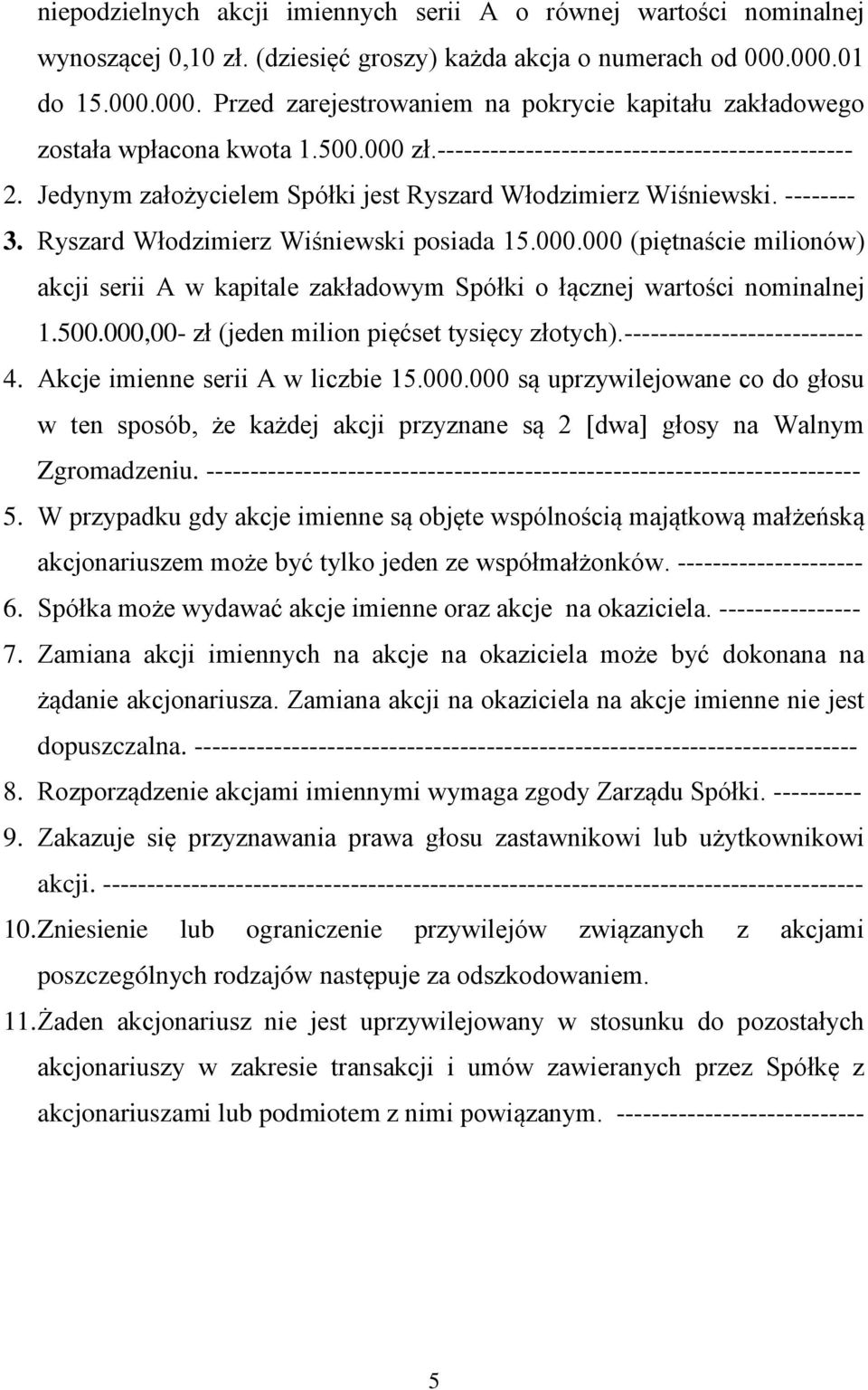 Jedynym założycielem Spółki jest Ryszard Włodzimierz Wiśniewski. -------- 3. Ryszard Włodzimierz Wiśniewski posiada 15.000.