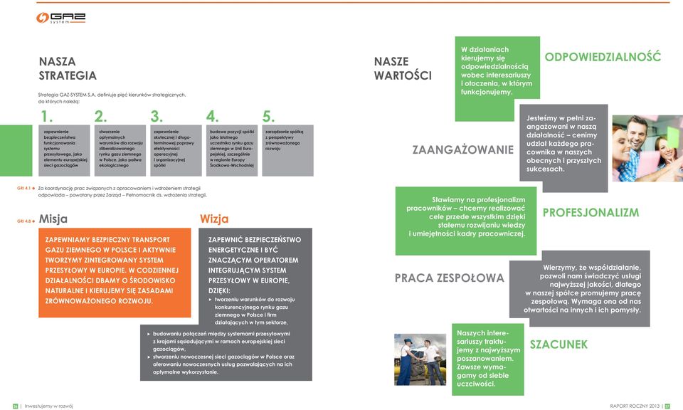 stworzenie optymalnych warunków dla rozwoju zliberalizowanego rynku gazu ziemnego w Polsce, jako paliwa ekologicznego zapewnienie skutecznej i długoterminowej poprawy efektywności operacyjnej i
