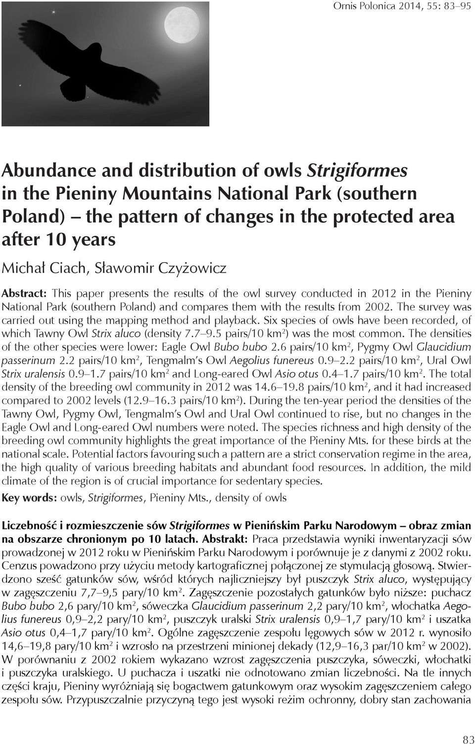 2002. The survey was carried out using the mapping method and playback. Six species of owls have been recorded, of which Tawny Owl Strix aluco (density 7.7 9.5 pairs/10 km 2 ) was the most common.