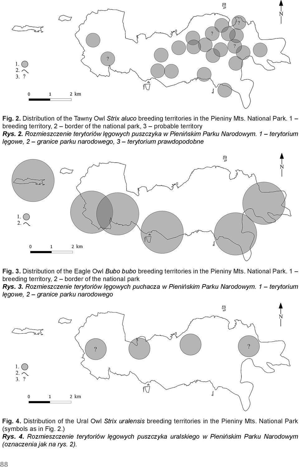 1 breeding territory, 2 border of the national park Rys. 3. Rozmieszczenie terytoriów lęgowych puchacza w Pienińskim Parku Narodowym. 1 terytorium lęgowe, 2 granice parku narodowego Fig. 4.