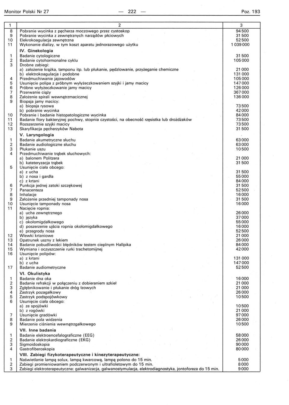 aparatu jednorazowego użytku 1039000 IV. Ginekologia 1 Badanie cytologiczne 31500 2 Badanie cytohormonalne cyklu 105000 3 Drobne zabiegi: a) założenie krążka, tamponu itp.