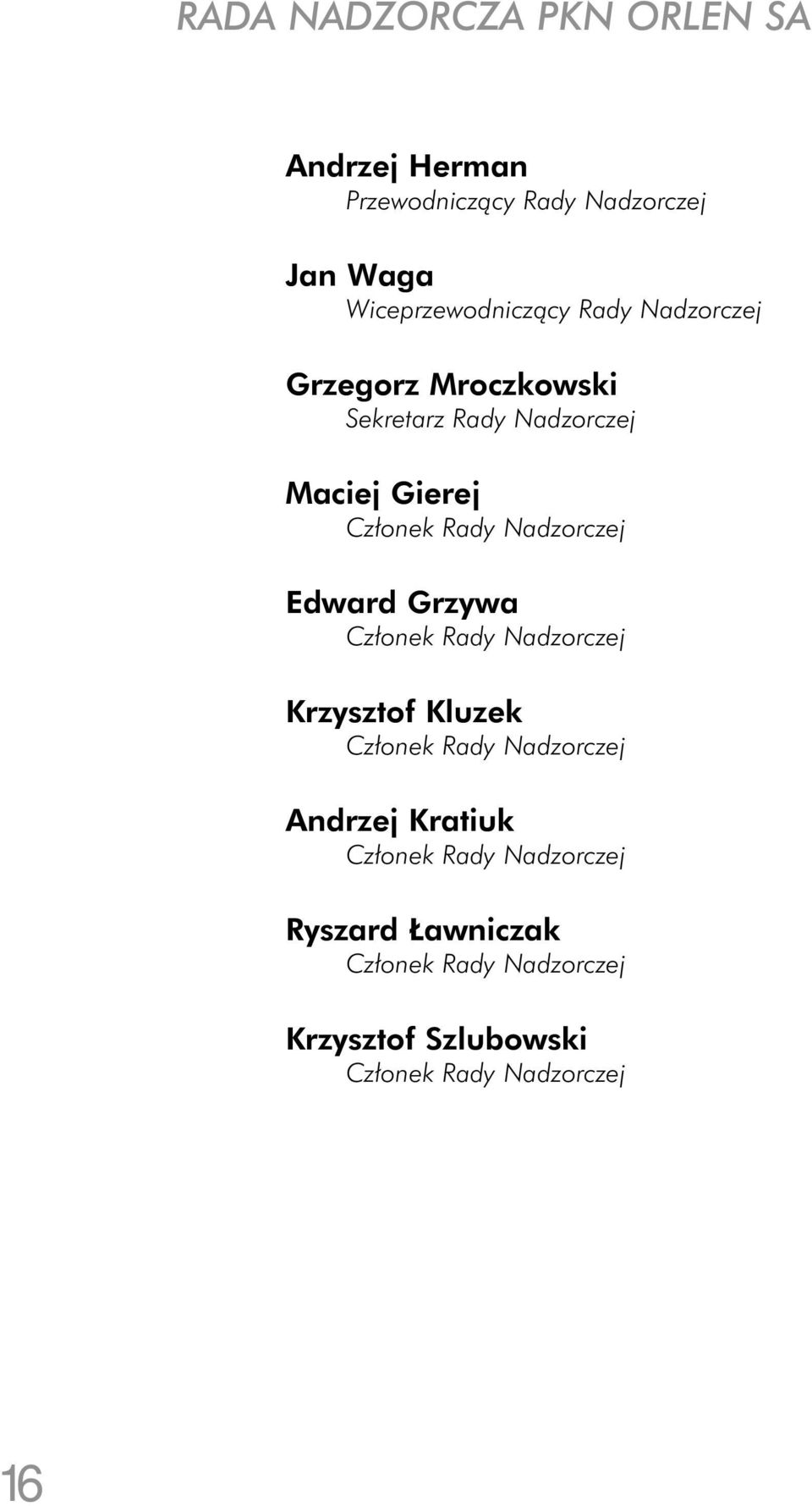 Edward Grzywa Członek Rady Nadzorczej Krzysztof Kluzek Członek Rady Nadzorczej Andrzej Kratiuk Członek