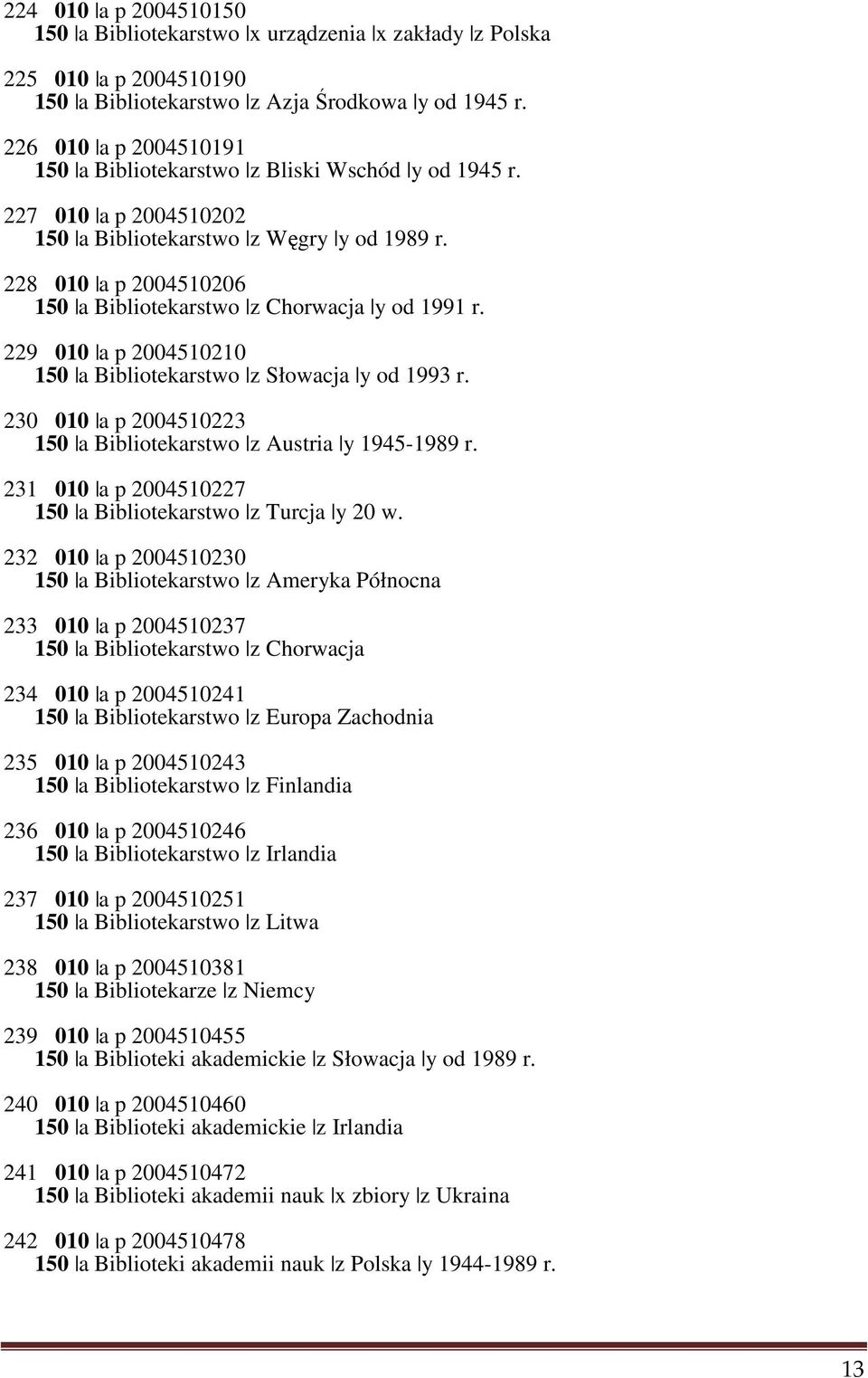 228 010 a p 2004510206 150 a Bibliotekarstwo z Chorwacja y od 1991 r. 229 010 a p 2004510210 150 a Bibliotekarstwo z Słowacja y od 1993 r.