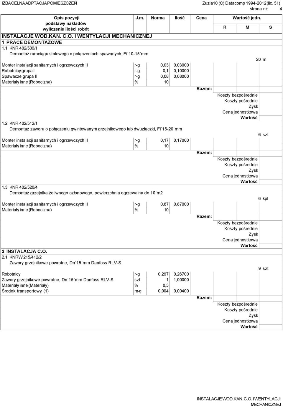 r-g 0,08 0,08000 Materiały inne (Robocizna) % 10 1.