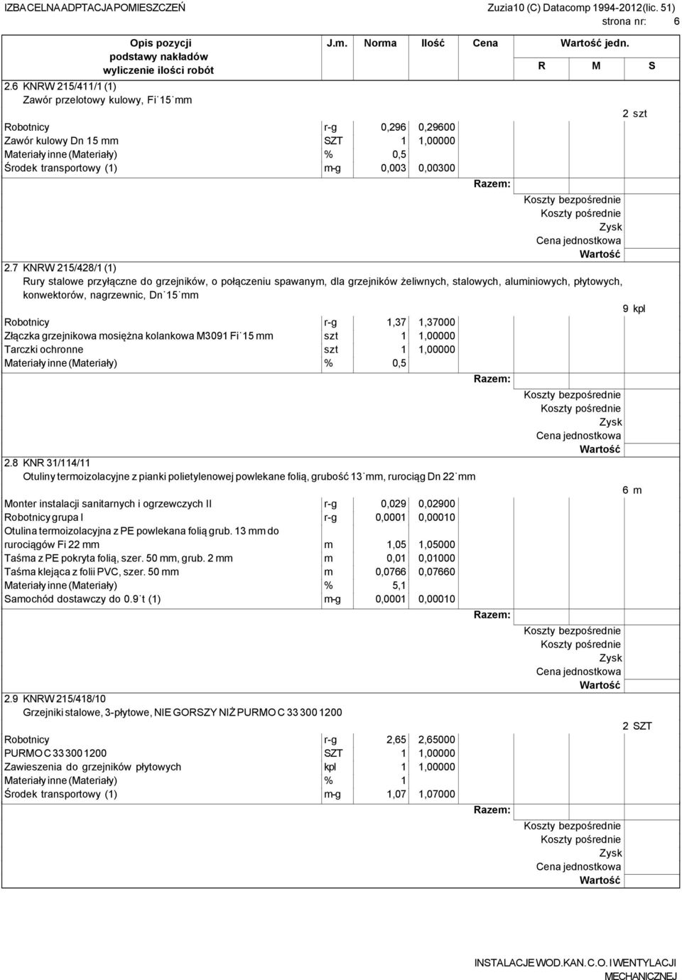 r-g 1,37 1,37000 Złączka grzejnikowa mosiężna kolankowa M3091 Fi 15 mm szt 1 1,00000 Tarczki ochronne szt 1 1,00000 2.