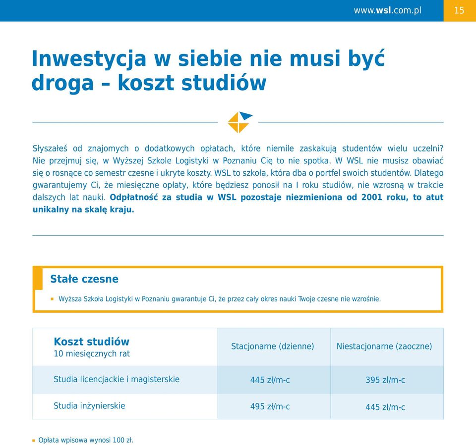 WSL to szkoła, która dba o portfel swoich studentów. Dlatego gwarantujemy Ci, że miesięczne opłaty, które będziesz ponosił na I roku studiów, nie wzrosną w trakcie dalszych lat nauki.