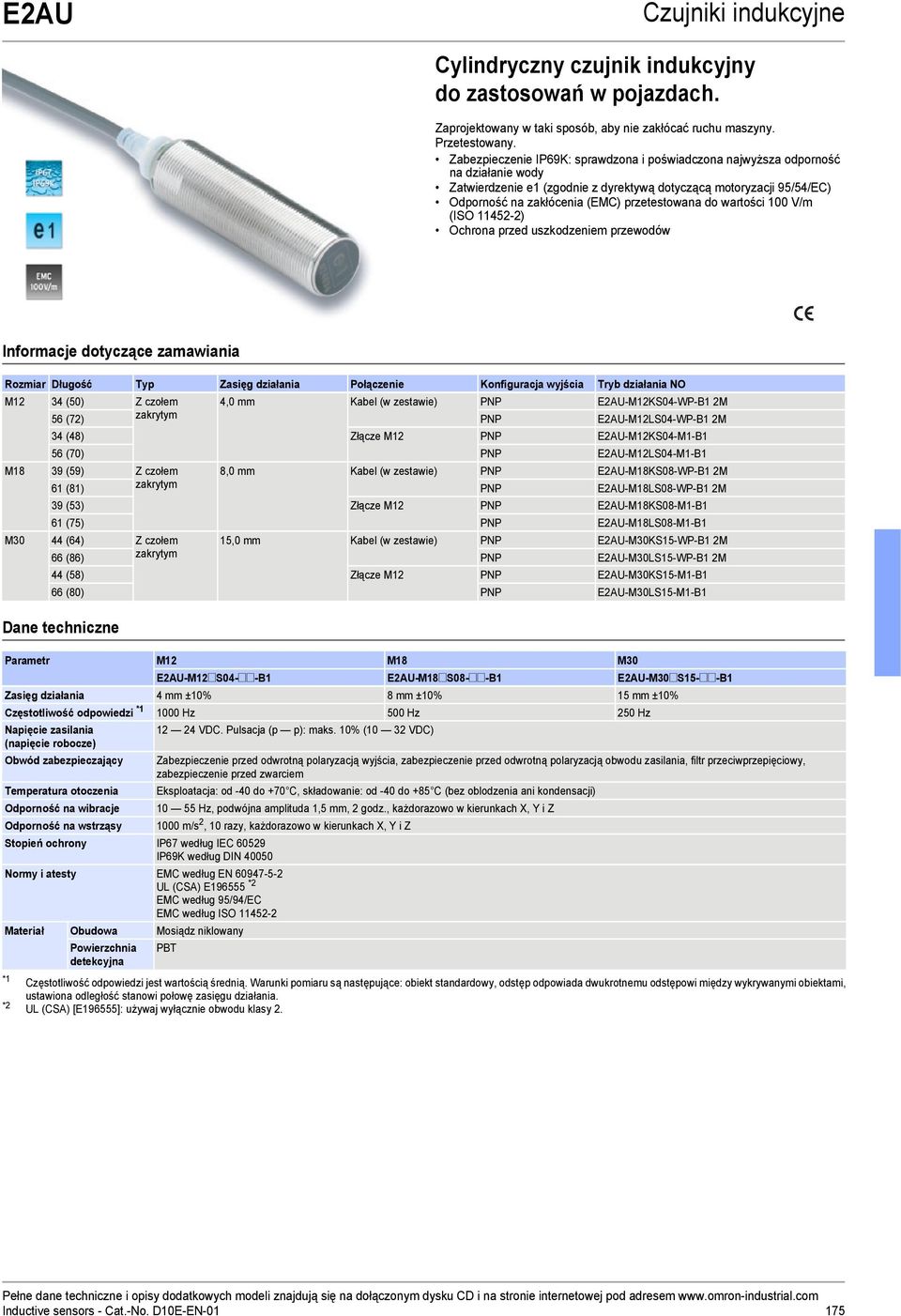 do wartości 100 V/m (ISO 11452-2) Ochrona przed uszkodzeniem przewodów Rozmiar Długość Typ Zasięg działania Połączenie Konfiguracja wyjścia Tryb działania NO M12 34 (50) 4,0 mm Kabel (w zestawie) PNP