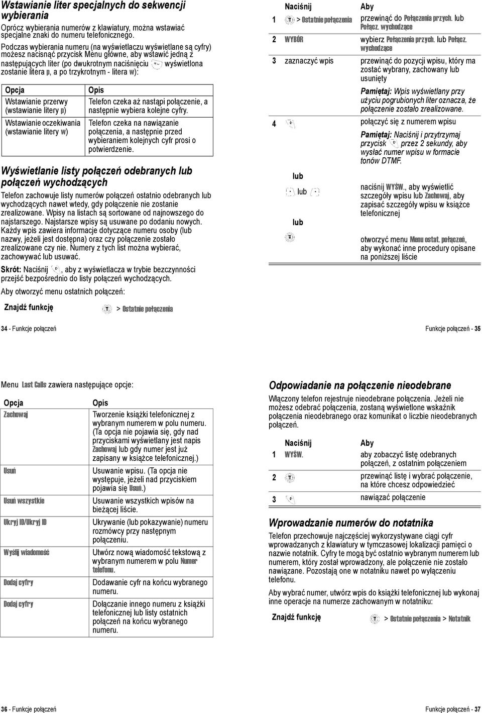 p, a po trzykrotnym - litera w): Opcja Wstawianie przerwy (wstawianie litery p) Wstawianie oczekiwania (wstawianie litery w) Wyświetlanie listy połączeń odebranych lub połączeń wychodzących Telefon