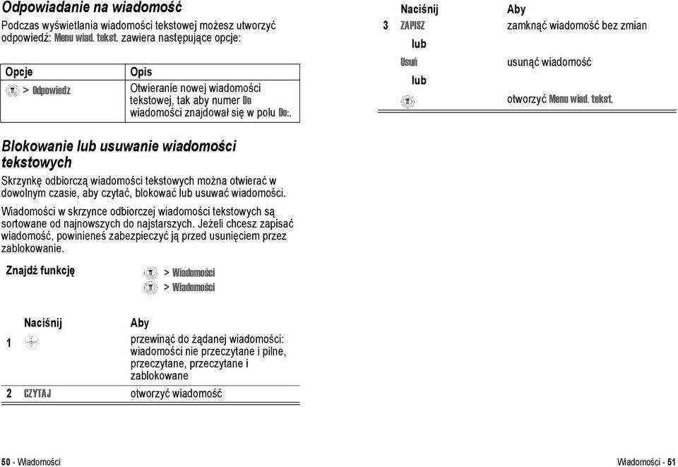 Blokowanie lub usuwanie wiadomości tekstowych Skrzynkę odbiorczą wiadomości tekstowych można otwierać w dowolnym czasie, aby czytać, blokować lub usuwać wiadomości.