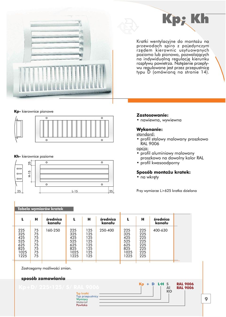 Kp- kierownice pionowe Kh- kierownice poziome nawiewna, wywiewna profil stalowy malowany proszkowo R 900 profil aluminiowy malowany proszkowo na dowolny kolor R profil kwasoodporny