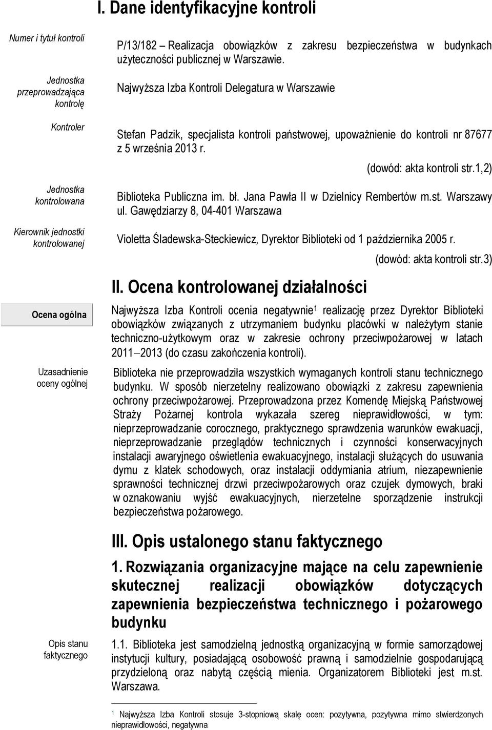 (dowód: akta kontroli str.1,2) Biblioteka Publiczna im. bł. Jana Pawła II w Dzielnicy Rembertów m.st. Warszawy ul.