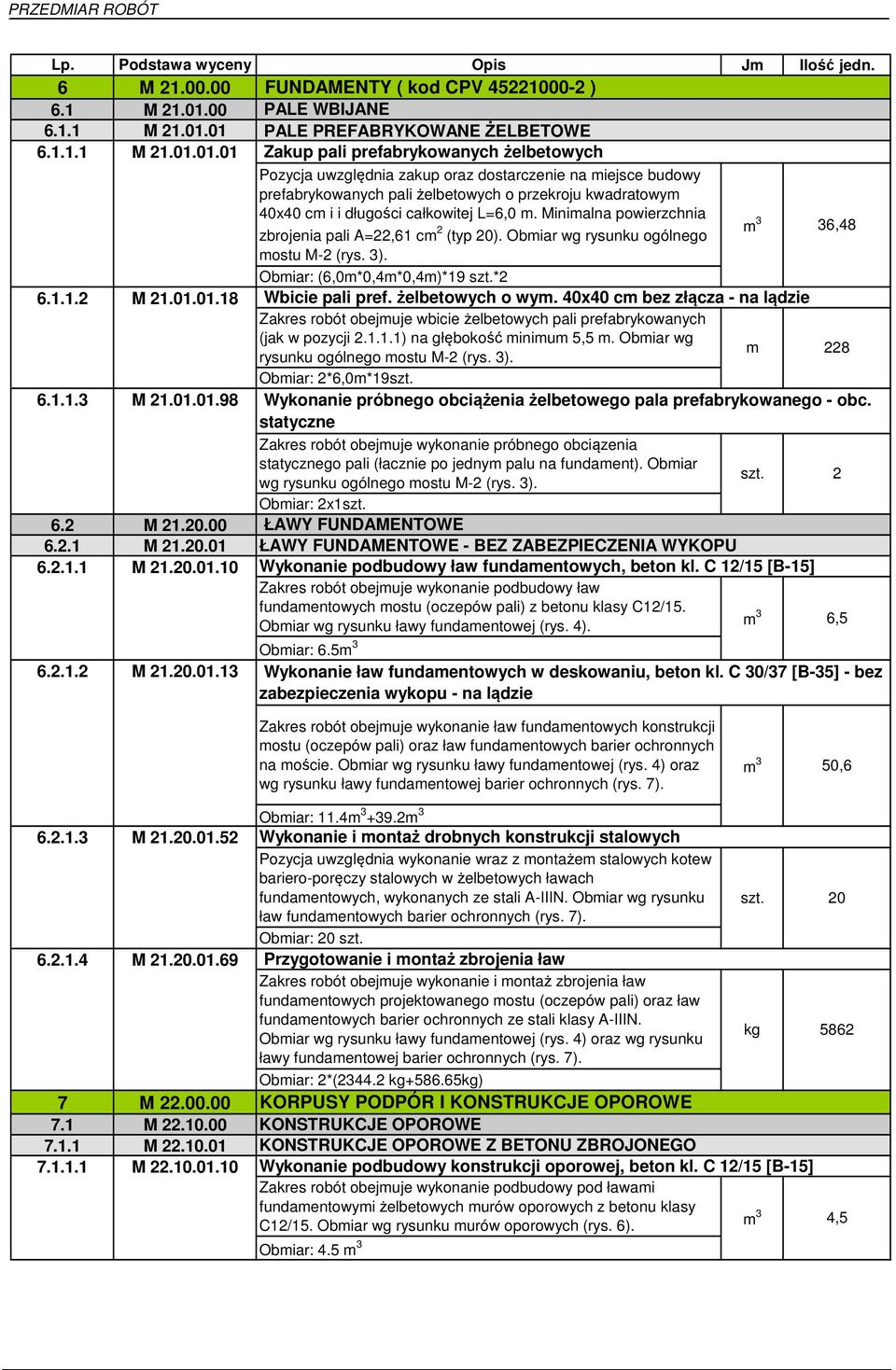 01 M 21.01.01.01 PALE PREFABRYKOWANE ŻELBETOWE Zakup pali prefabrykowanych żelbetowych Pozycja uwzględnia zakup oraz dostarczenie na miejsce budowy prefabrykowanych pali żelbetowych o przekroju