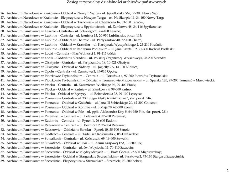 Archiwum Państwowe w Lesznie Centrala ul. Solskiego 71, 64-100 Leszno; 31. Archiwum Państwowe w Lublinie Centrala ul. Jezuicka 13, 20-950 Lublin, skr. poczt. 113; 32.