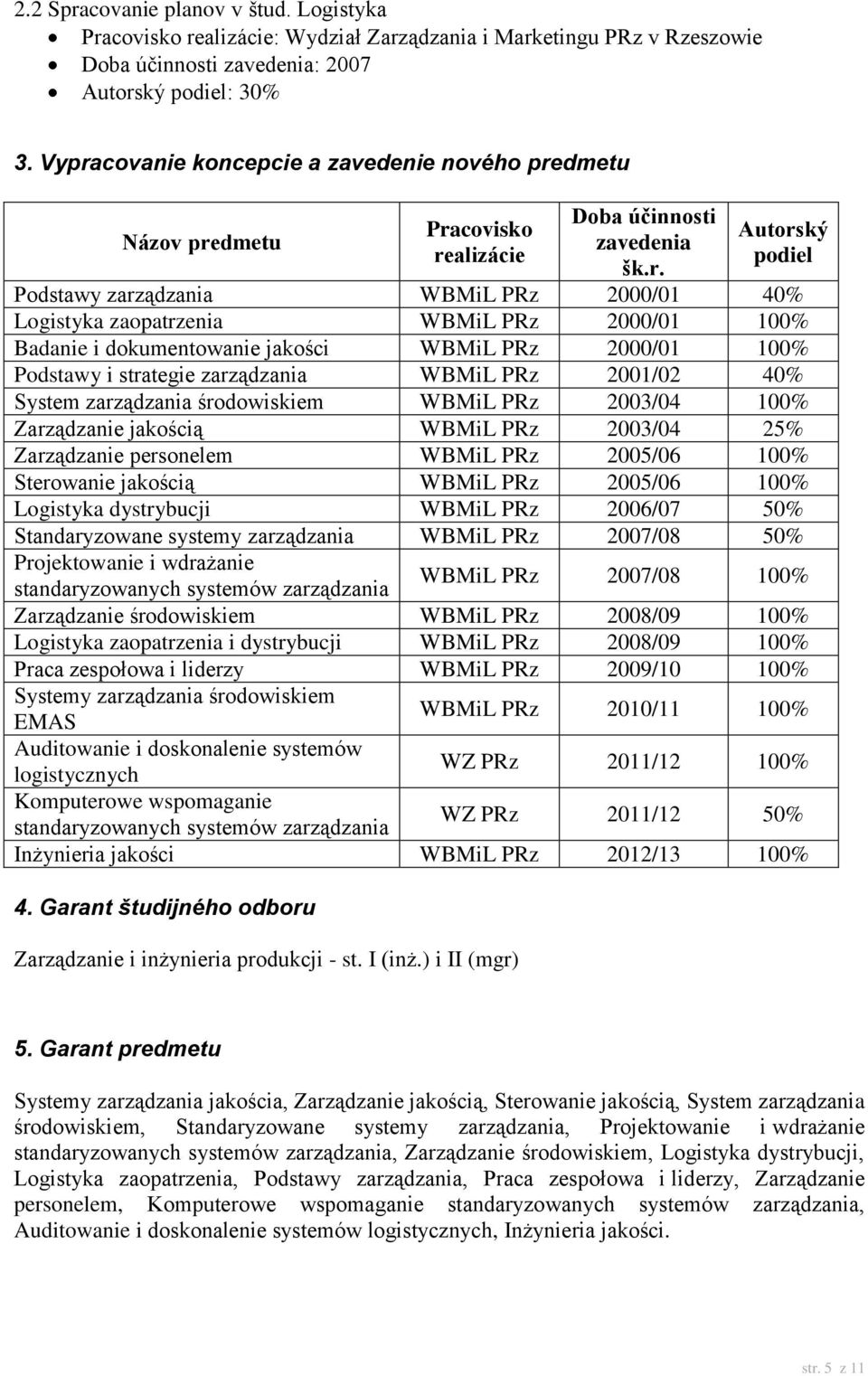 zaopatrzenia WBMiL PRz 2000/01 100% Badanie i dokumentowanie jakości WBMiL PRz 2000/01 100% Podstawy i strategie zarządzania WBMiL PRz 2001/02 40% System zarządzania środowiskiem WBMiL PRz 2003/04