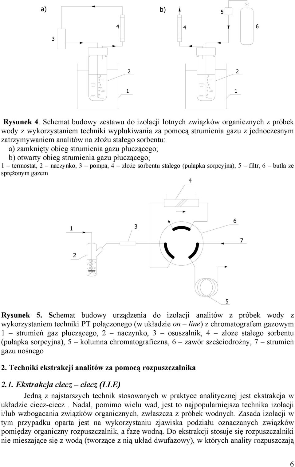 sorbentu: a) zamknięty obieg strumienia gazu płuczącego; b) otwarty obieg strumienia gazu płuczącego; 1 termostat, naczynko, 3 pompa, 4 złoże sorbentu stałego (pułapka sorpcyjna), 5 filtr, 6 butla ze