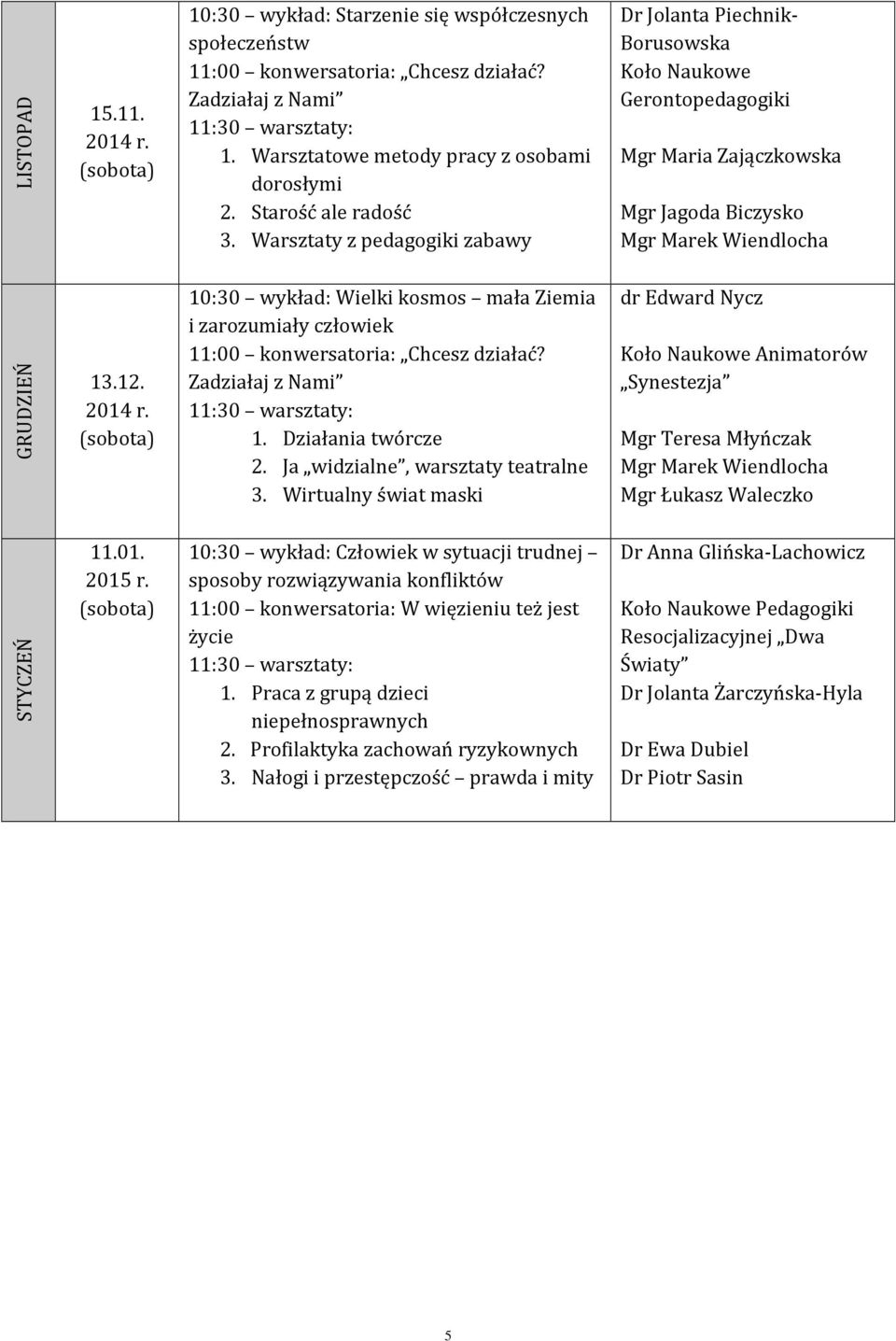 10:30 wykład: Wielki kosmos mała Ziemia i zarozumiały człowiek 1. Działania twórcze 2. Ja widzialne, warsztaty teatralne 3.