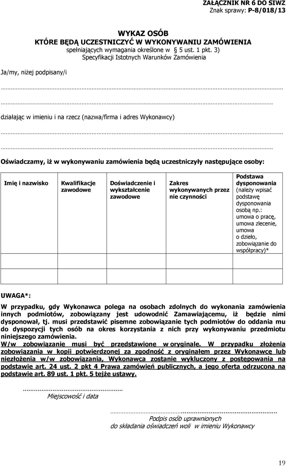 następujące osoby: Imię i nazwisko Kwalifikacje zawodowe Doświadczenie i wykształcenie zawodowe Zakres wykonywanych przez nie czynności Podstawa dysponowania (należy wpisać podstawę dysponowania