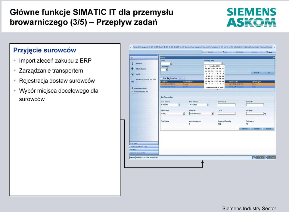 the ERP system Split process orders into plant orders Splitting of entries according to line capacity Check on Material