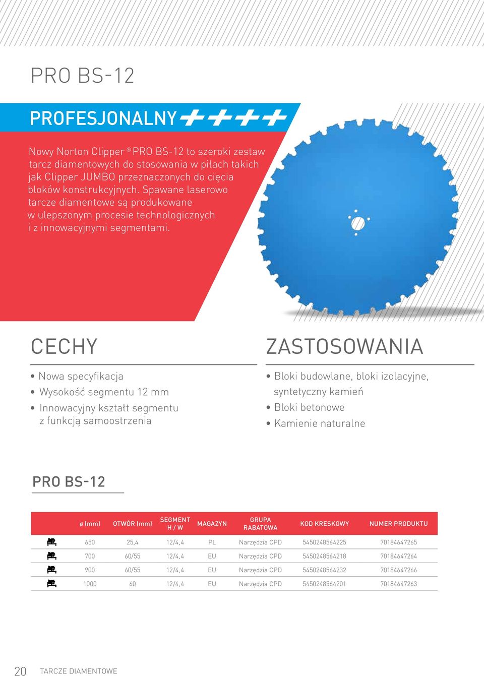 CECHY Nowa specyfikacja Wysokość segmentu 12 mm Innowacyjny kształt segmentu z funkcją samoostrzenia Zastosowania Bloki budowlane, bloki izolacyjne, syntetyczny kamień Bloki betonowe Kamienie