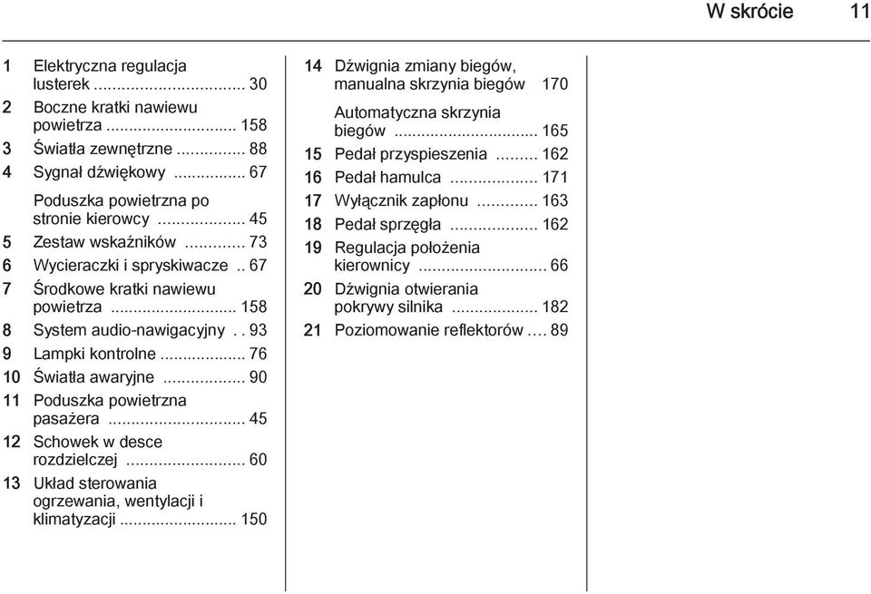 .. 90 11 Poduszka powietrzna pasażera... 45 12 Schowek w desce rozdzielczej... 60 13 Układ sterowania ogrzewania, wentylacji i klimatyzacji.