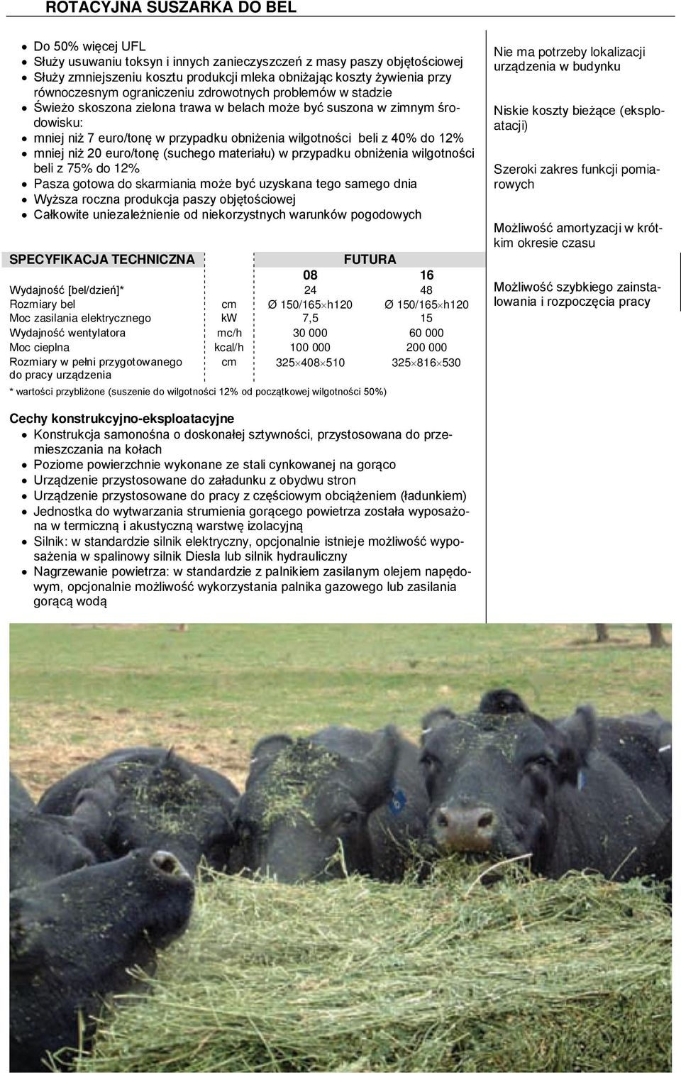 40% do 12% mniej niż 20 euro/tonę (suchego materiału) w przypadku obniżenia wilgotności beli z 75% do 12% Pasza gotowa do skarmiania może być uzyskana tego samego dnia Wyższa roczna produkcja paszy