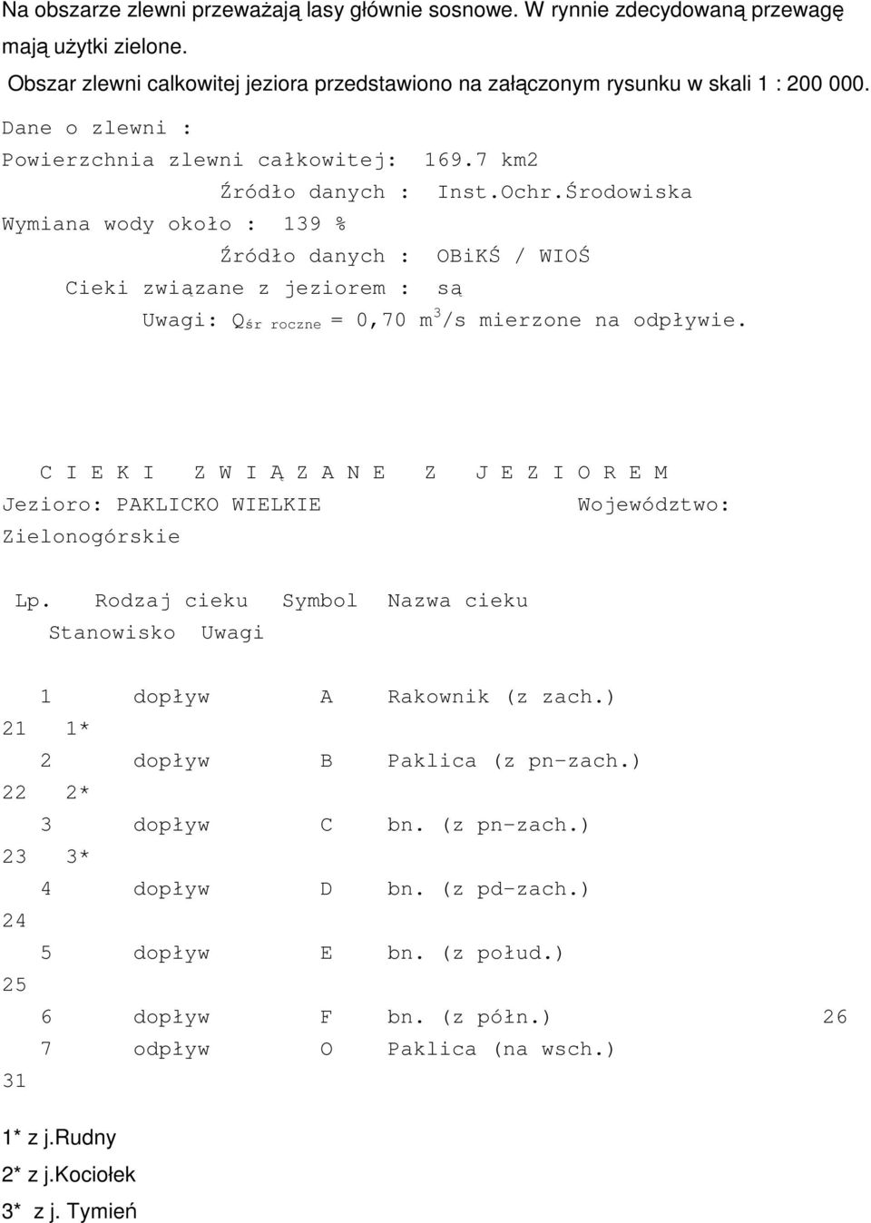 Środowiska Wymiana wody około : 139 % Źródło danych : OBiKŚ / WIOŚ Cieki związane z jeziorem : są Uwagi: Q śr roczne = 0,70 m 3 /s mierzone na odpływie.