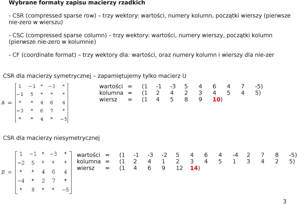 wartości, oraz numery kolumn i wierszy dla nie-zer CSR dla macierzy symetryczne zapamiętuemy tylko macierz U wartości = (1-1 -3 5 4 6 4 7-5) kolumna = (1 2 4 2 3