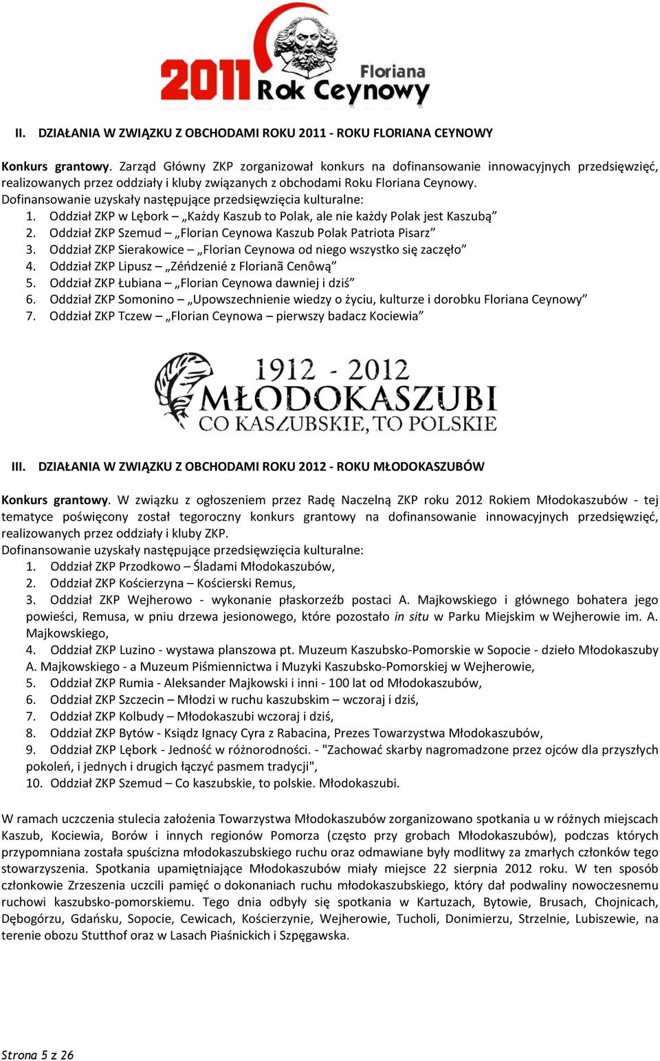 Dofinansowanie uzyskały następujące przedsięwzięcia kulturalne: 1. Oddział ZKP w Lębork Każdy Kaszub to Polak, ale nie każdy Polak jest Kaszubą 2.