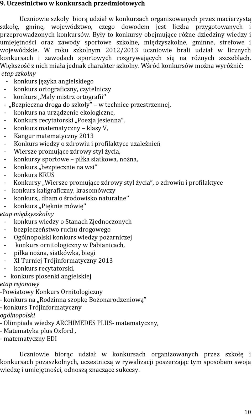 W roku szkolnym 2012/2013 uczniowie brali udział w licznych konkursach i zawodach sportowych rozgrywających się na różnych szczeblach. Większość z nich miała jednak charakter szkolny.