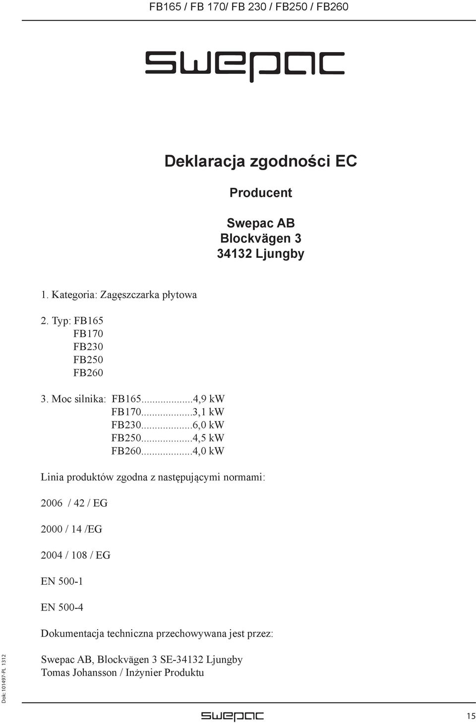 ..4,0 kw Linia produktów zgodna z następującymi normami: 2006 / 42 / EG 2000 / 14 /EG 2004 / 108 / EG EN 500-1 EN