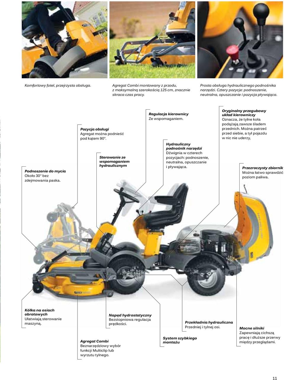 Sterowanie ze wspomaganiem hydraulicznym Regulacja kierownicy Ze wspomaganiem. Hydrauliczny podnośnik narzędzi Dźwignia w czterech pozycjach: podnoszenie, neutralna, opuszczanie i pływająca.