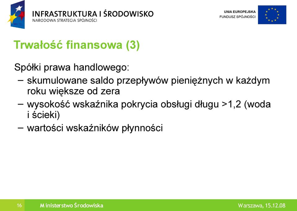 wysokość wskaźnika pokrycia obsługi długu >1,2 (woda i