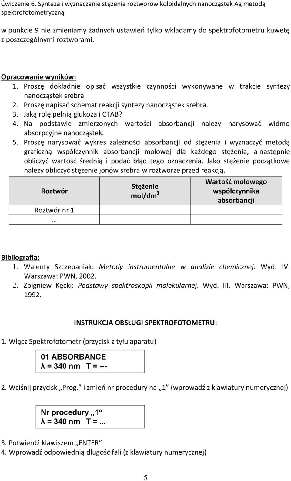 Na podstawie zmierzonych wartości absorbancji należy narysować widmo absorpcyjne nanocząstek. 5.