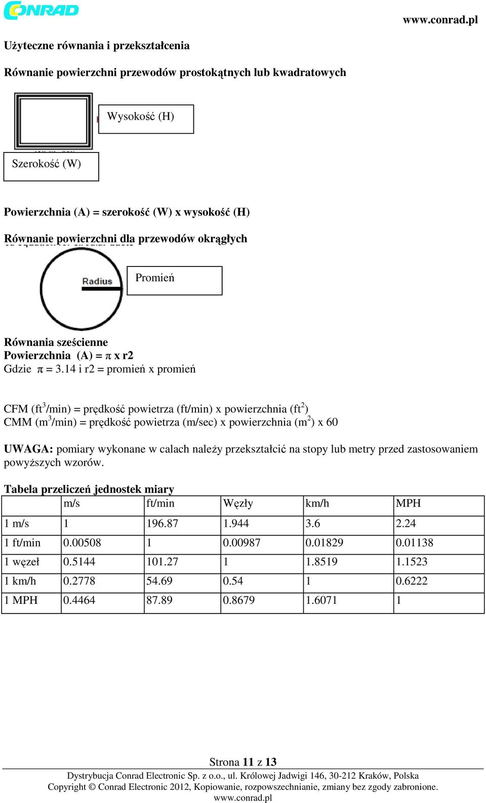 14 i r2 = promień x promień CFM (ft 3 /min) = prędkość powietrza (ft/min) x powierzchnia (ft 2 ) CMM (m 3 /min) = prędkość powietrza (m/sec) x powierzchnia (m 2 ) x 60 UWAGA: pomiary wykonane w