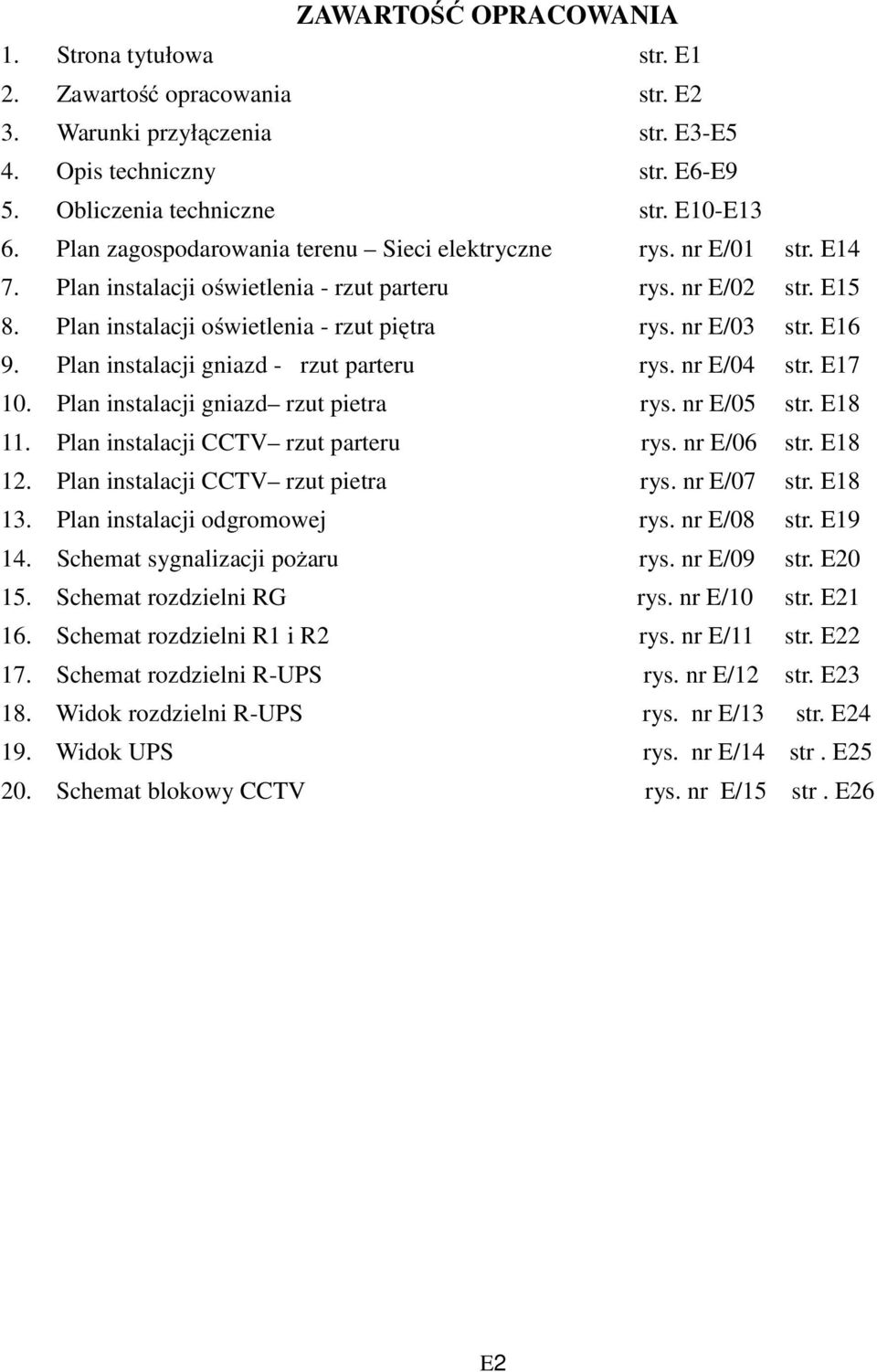 E16 9. Plan instalacji gniazd - rzut parteru rys. nr E/04 str. E17 10. Plan instalacji gniazd rzut pietra rys. nr E/05 str. E18 11. Plan instalacji CCTV rzut parteru rys. nr E/06 str. E18 12.