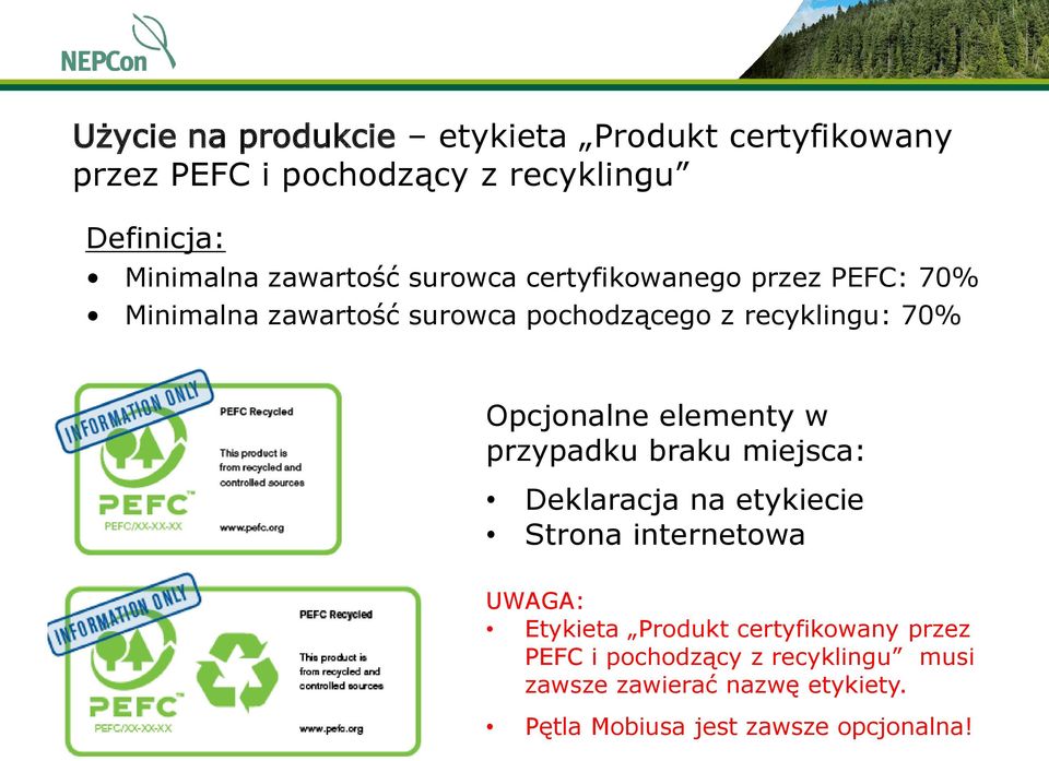 Opcjonalne elementy w przypadku braku miejsca: Deklaracja na etykiecie Strona internetowa UWAGA: Etykieta Produkt