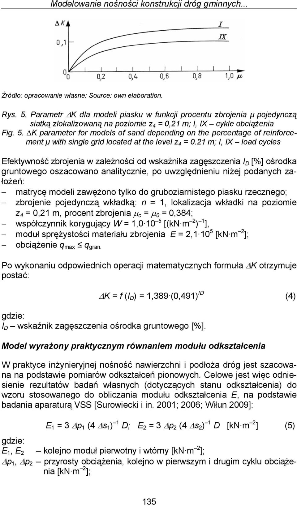 K parameter for models of sand depending on the percentage of reinforcement μ with single grid located at the level z 4 = 0.