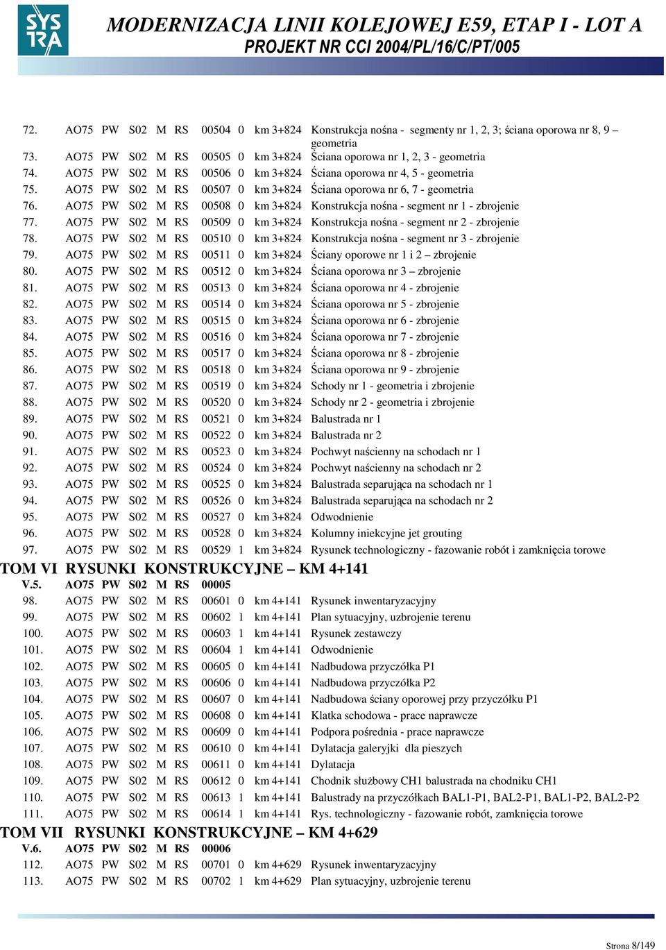 AO75 PW S02 M RS 00508 0 km 3+824 Konstrukcja nośna - segment nr 1 - zbrojenie 77. AO75 PW S02 M RS 00509 0 km 3+824 Konstrukcja nośna - segment nr 2 - zbrojenie 78.