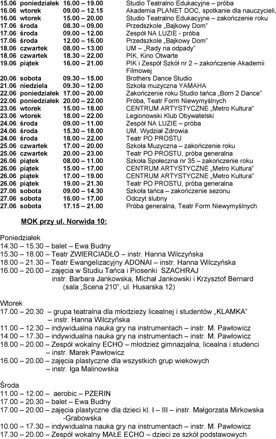 06 czwartek 08.00 13.00 UM Rady na odpady 18.06 czwartek 18.30 22.00 PIK, Kino Otwarte 19.06 piątek 16.00 21.00 PIK i Zespół Szkół nr 2 zakończenie Akademii Filmowej 20.06 sobota 09.30 15.